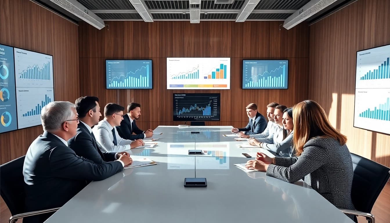 M&A 전략 미팅 중인 금융 전문가들, 동료들과 협력하는 모습.