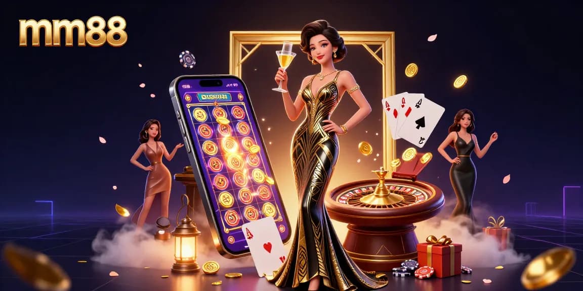 Engage in thrilling casino entertainment at mm88 with a glamorous scene featuring a classic roulette table and vibrant slot games.