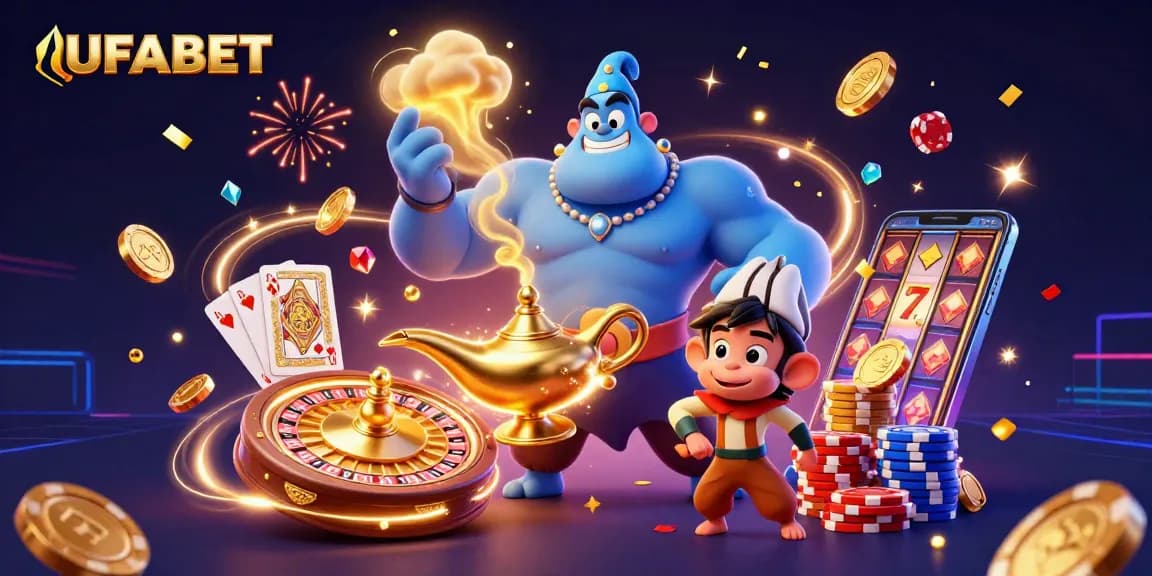 Betting on UFABET with excitement as the animated genie bursts from his lamp while poker chips float around.