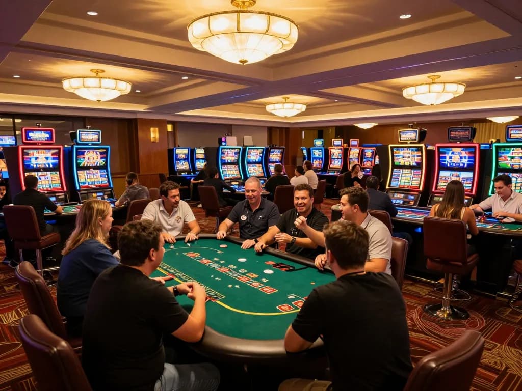 Players enjoying games at mk8 casino, celebrating wins at colorful slots and poker tables