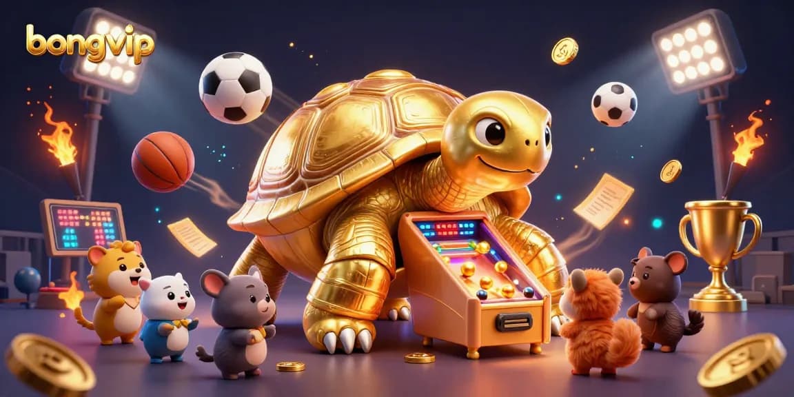 Bongvip's dynamic casino scene showcases a golden tortoise pinball machine amid excited animals, enhancing thrilling gameplay.