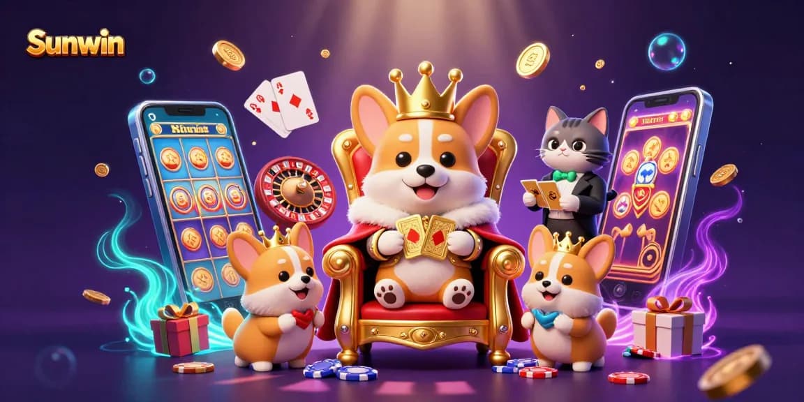 Sunwin offers thrilling entertainment with a royal corgi and vibrant casino elements, showcasing excitement!