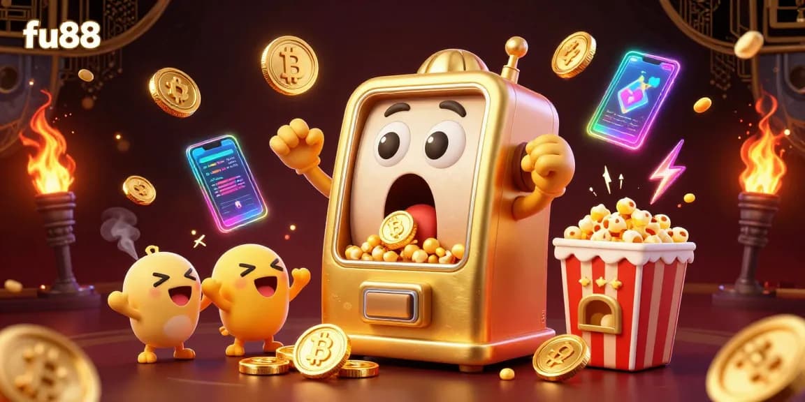 fu88 slot machine celebrates a jackpot win with gold coins pouring out, surrounded by cheering machines and crypto elements.