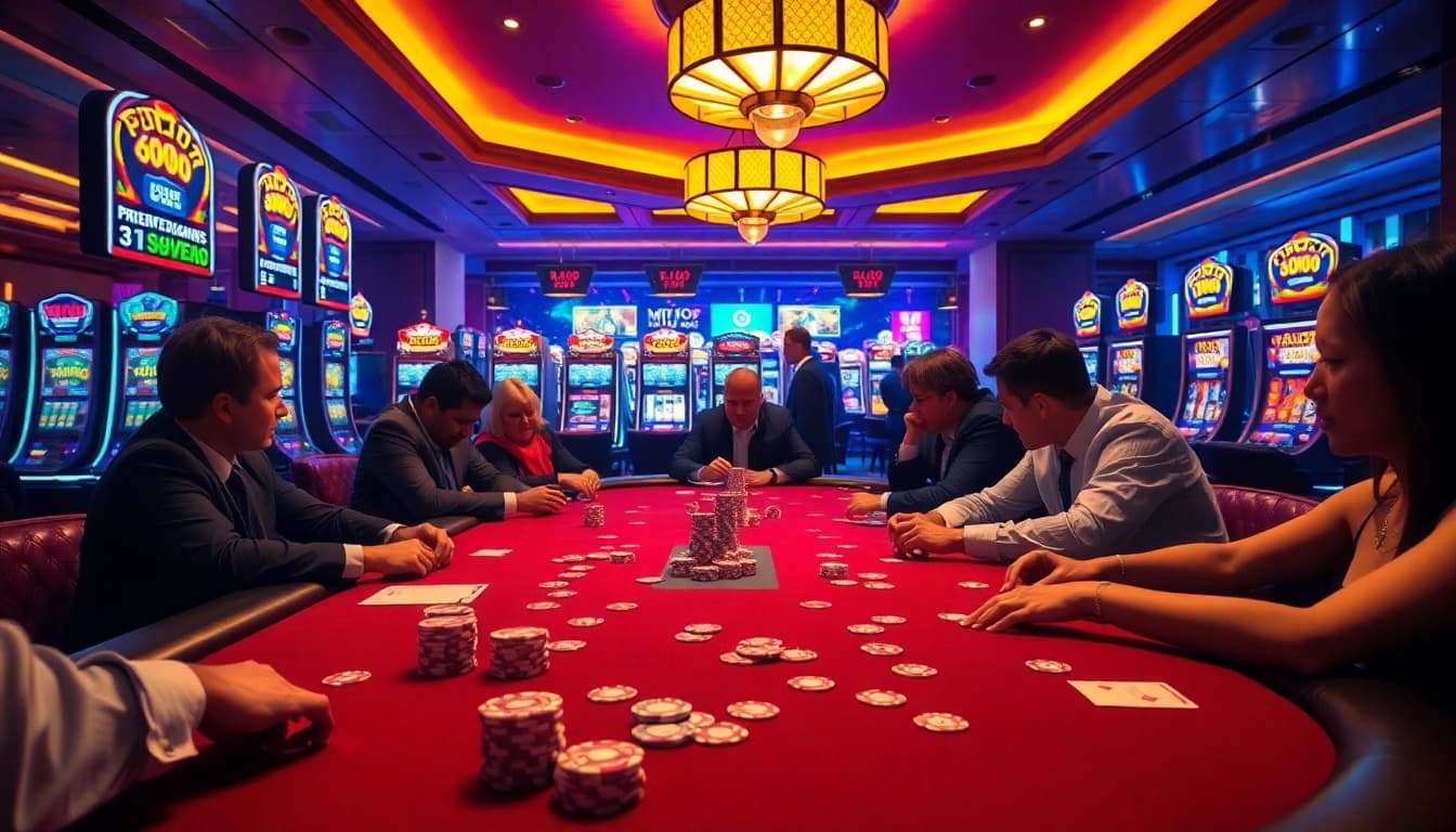 Mmoo players engaging at a high-stakes poker table, showcasing vibrant casino elements and thrilling gameplay.