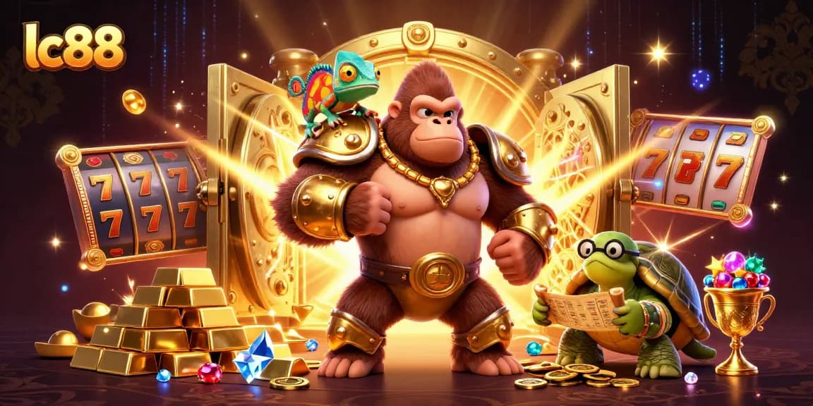 Engage with lc88's vibrant casino experience featuring a powerful gorilla king, treasures, and slot machine elements.