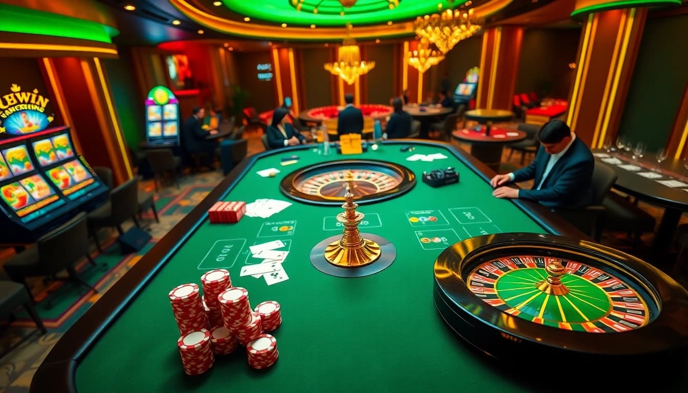 Experience the excitement of kuwin with casino tables and poker chips in a luxurious gaming scene.