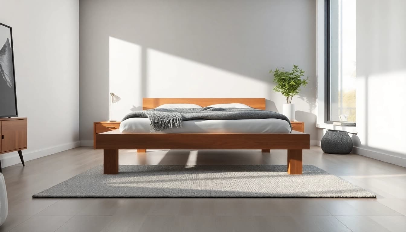 Stylish platform bed frame in a modern bedroom, showcasing sleek design and natural light.