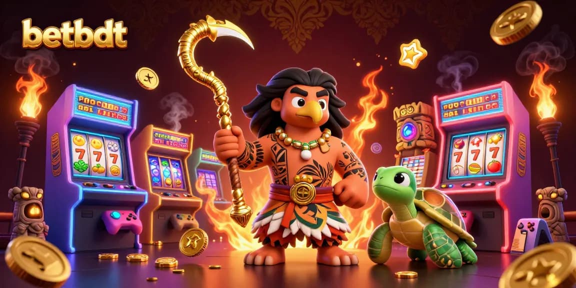 Betbdt showcases vibrant 3D casino elements with a demigod and arcade games in a captivating scene.