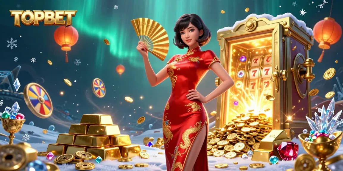 Engage in thrilling games at TOPBET, featuring a vibrant scene with gold coins and slot reels.