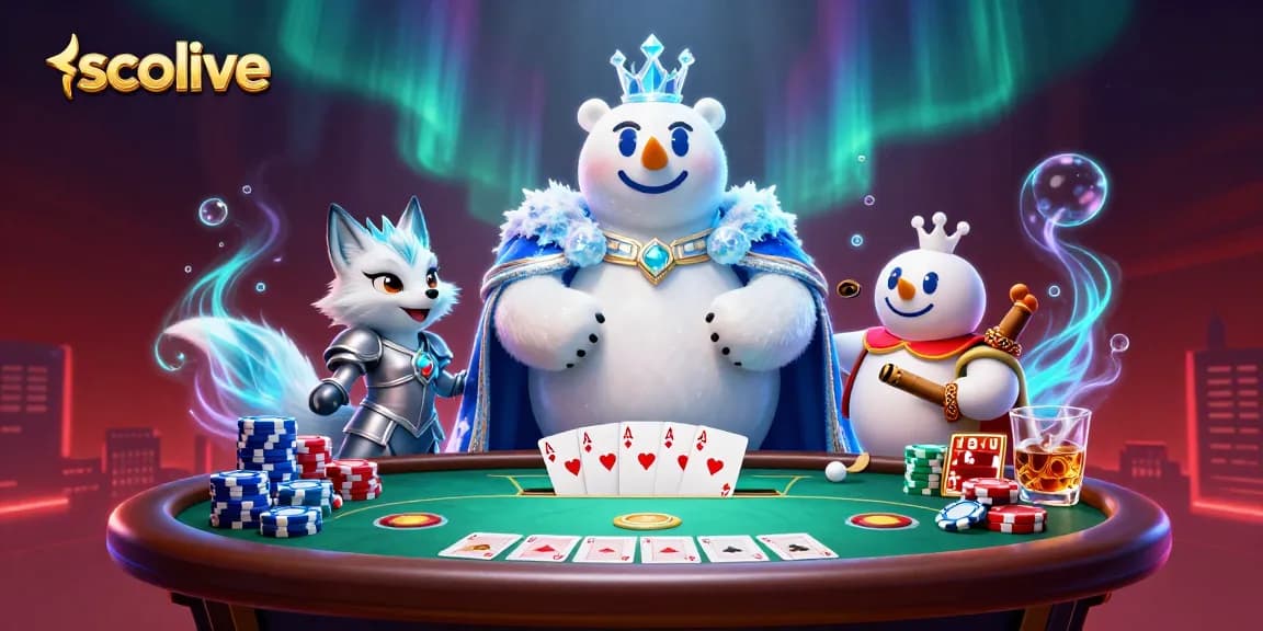 Socolive showcases a captivating scene of an ice king bear and snow fox in a rich poker setting, enhancing online gaming.