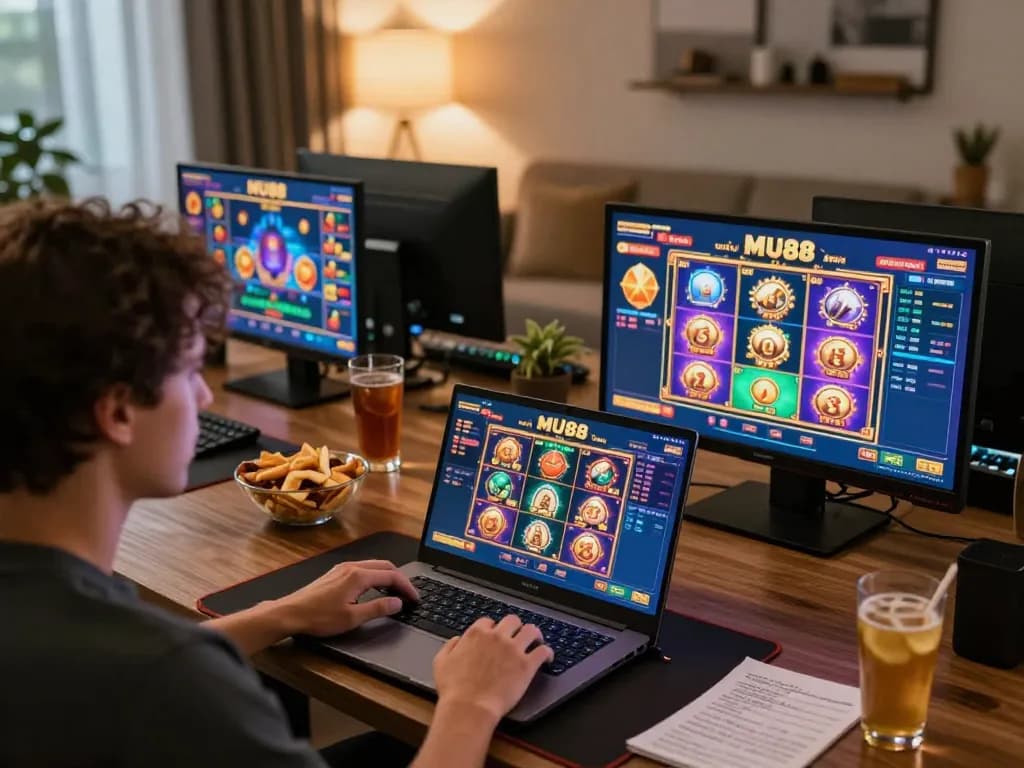 Player engaging with the MU88 casino app on multiple screens, enjoying a vibrant online gaming experience