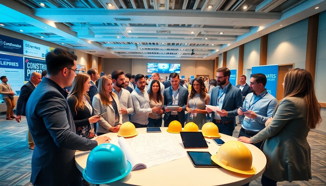 Engaged professionals at construction networking events discussing plans and sharing ideas in a vibrant conference hall.