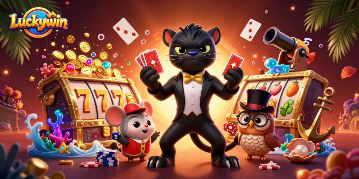 Experience thrilling gameplay at Luckywin with a panther dealer, owl, and mouse amidst vibrant casino elements.