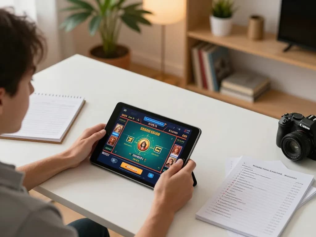 TG88 player engaging in online casino gaming with a tablet and strategy notes in a cozy home setup.