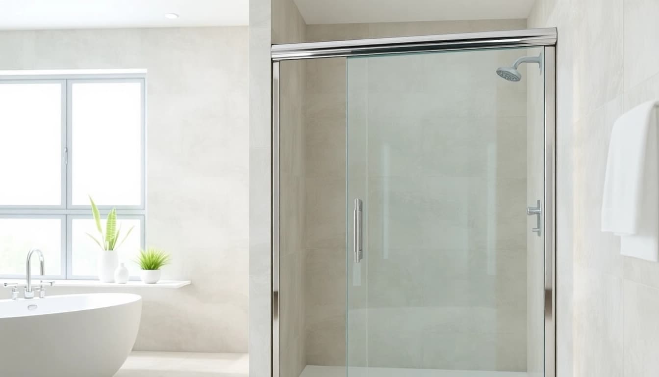 Showcasing elegant sliding shower doors in a stylish modern bathroom for contemporary design.