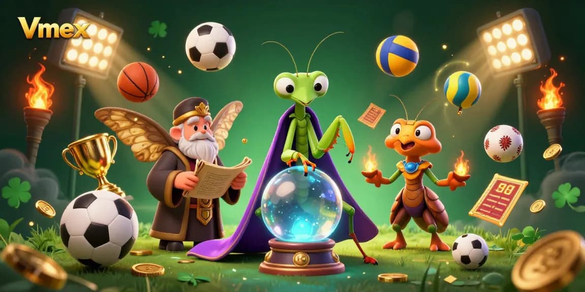 Experience thrilling Vmex gameplay with an engaging fortune teller predicting bets amidst sports action.