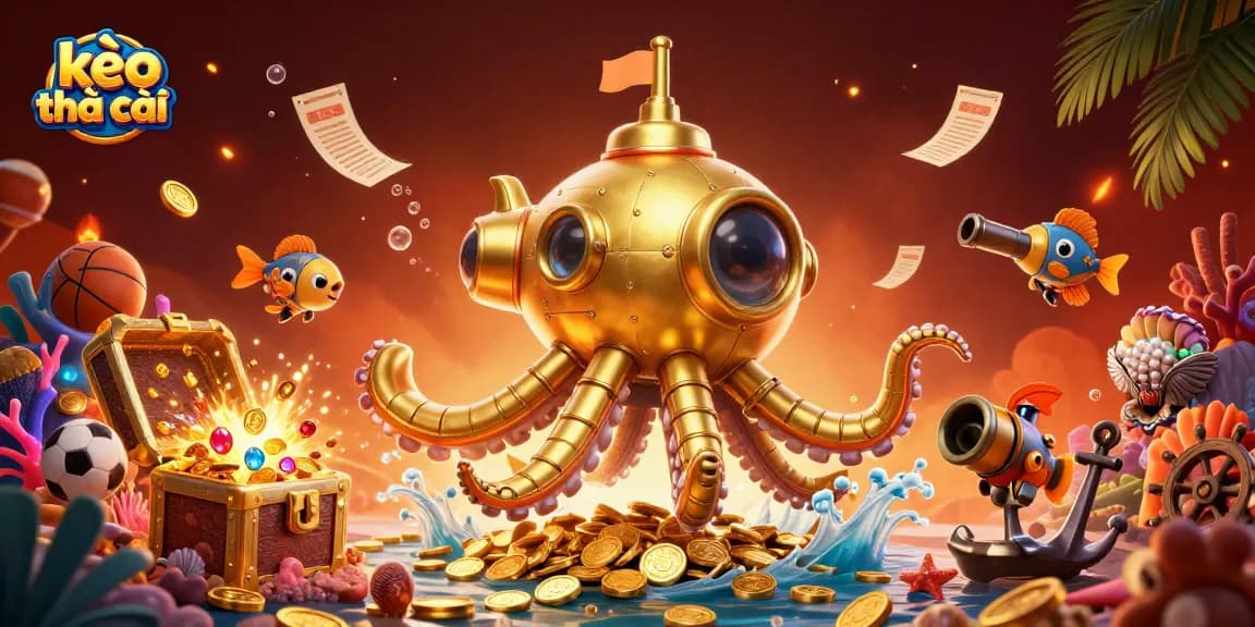 Bet on kèo nhà cái with golden kraken submarine and sports-themed coral formations in a vibrant illustration.