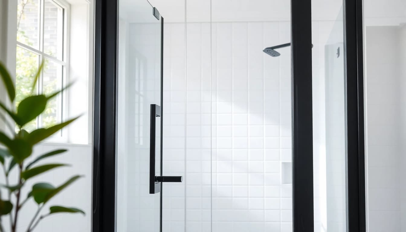 Stylish black frame shower doors enhancing a modern bathroom design with natural light.