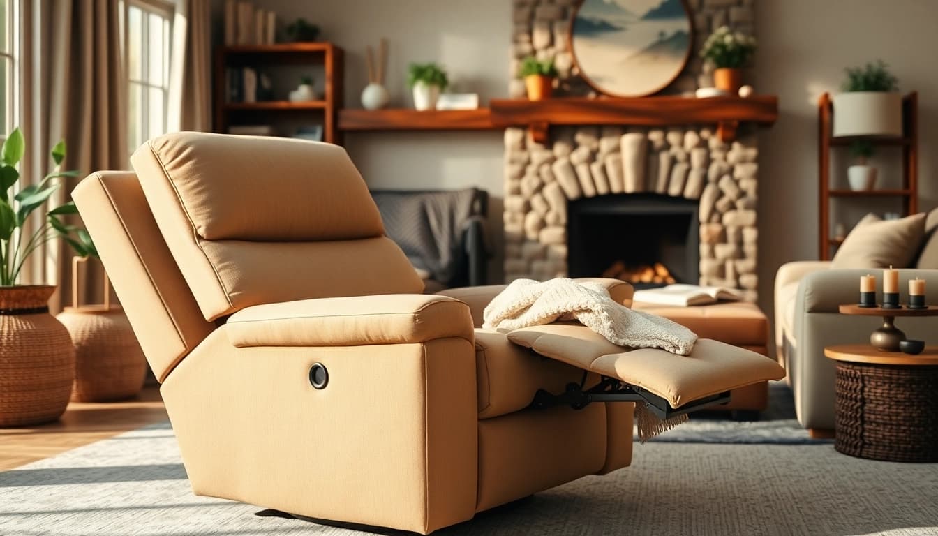 Enjoying comfort in a stylish power lift recliner nestled in a warm living room.