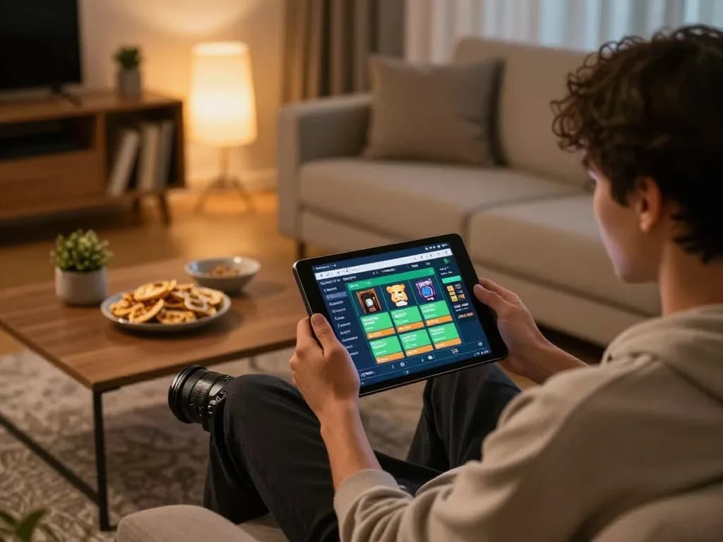 KQBD user enjoying online betting on a tablet in a cozy home setting with warm lighting.