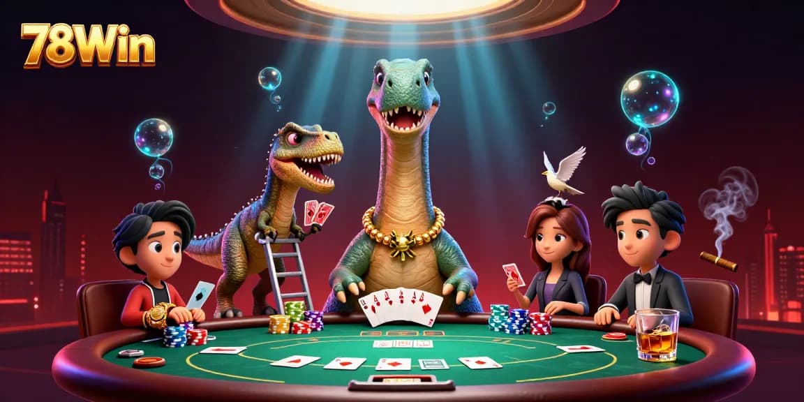 Experience excitement at 78Win with a brontosaurus in a bustling casino, poker action alive.