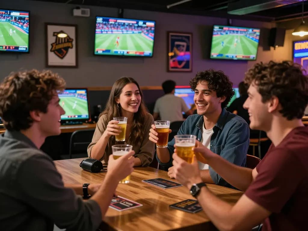 Friends celebrating winning debet bets in an energetic sports betting lounge