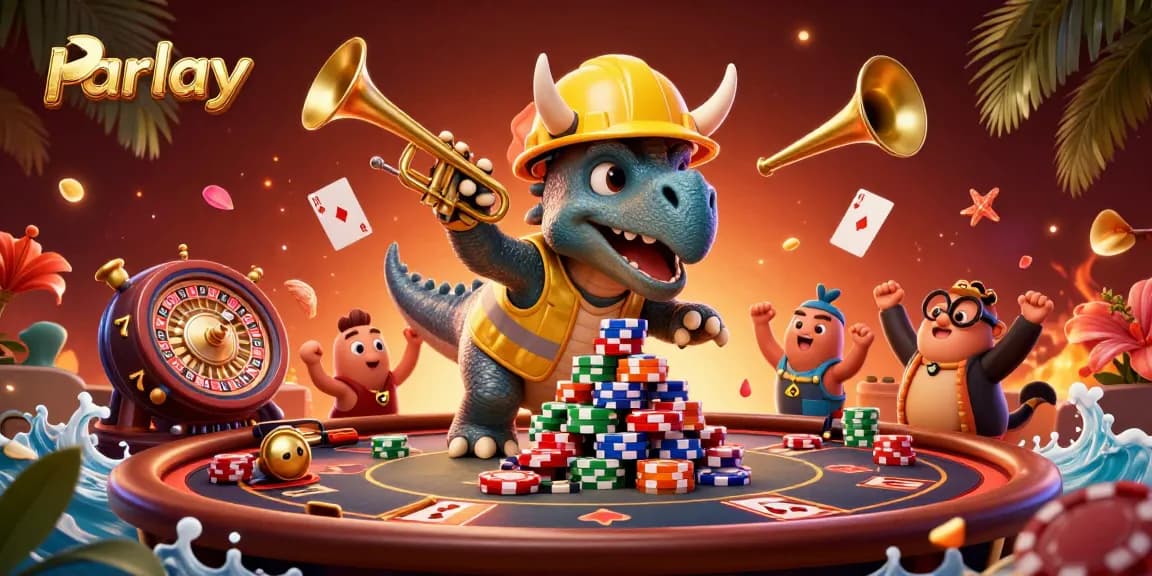 Experience parlay betting excitement with a festive illustration showcasing iconic casino elements.