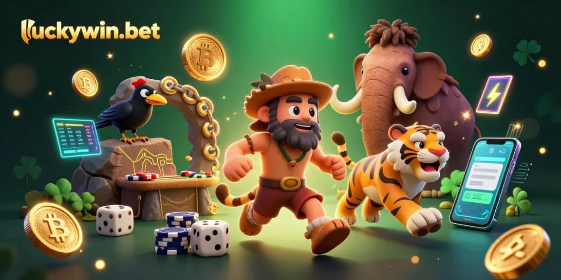 Experience thrilling gaming action with luckywin-bet as prehistoric characters engage in vibrant casino activities.