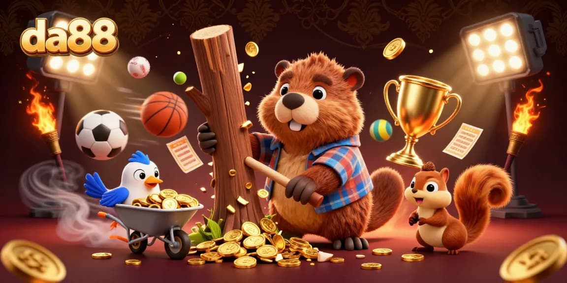 Join the excitement at da88 with a cartoon beaver winning golden coins in this vibrant casino scene.
