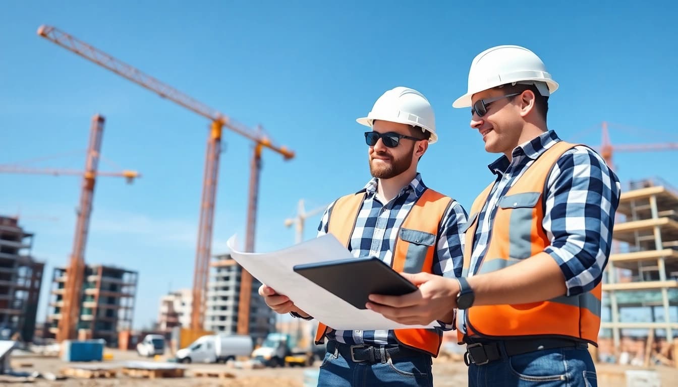 New Jersey General Contractor assessing plans on a construction site with colleagues collaborating.