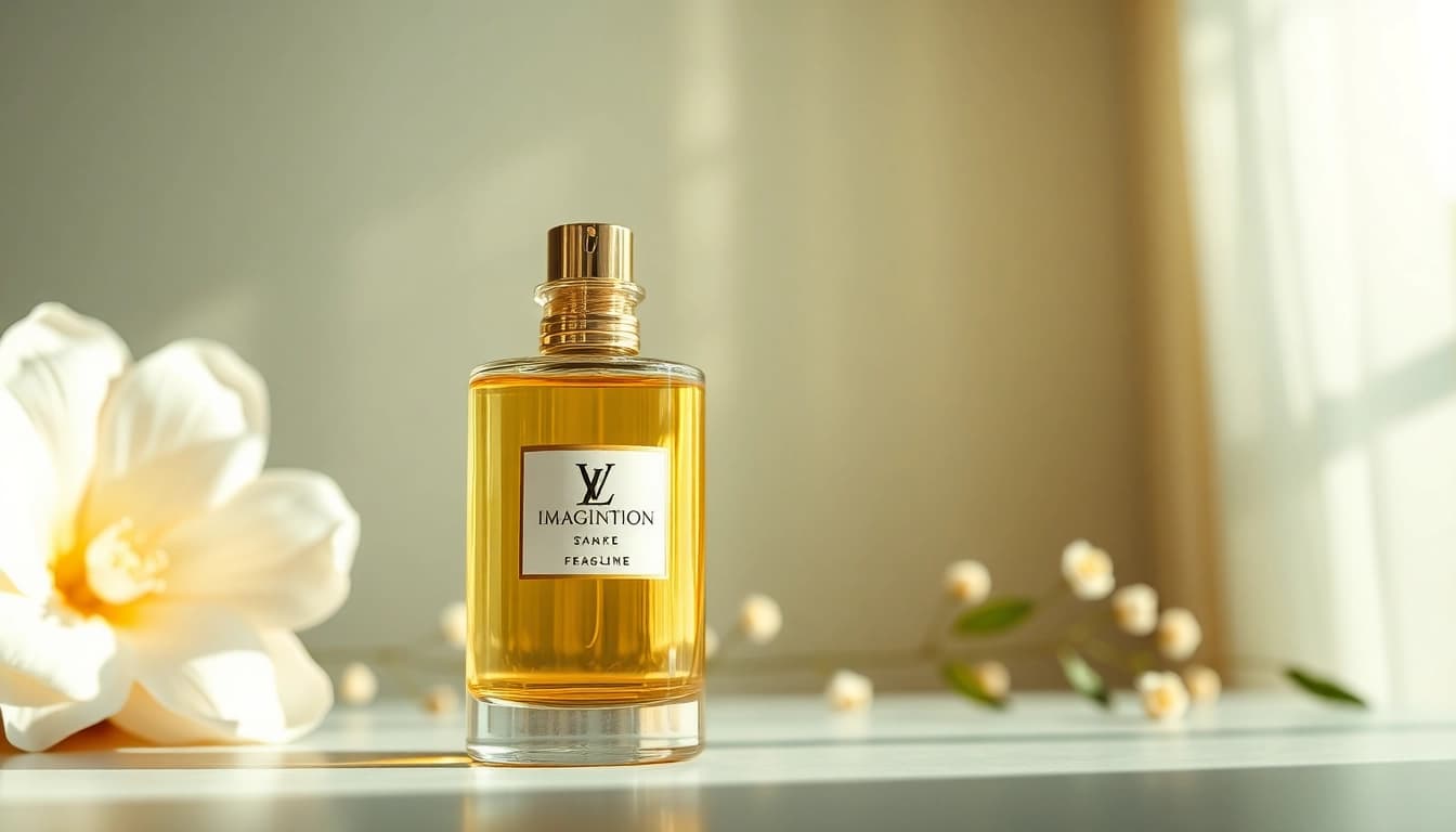 Aromatic bottle of Lv imagination fragrance displayed elegantly amidst soft floral background.