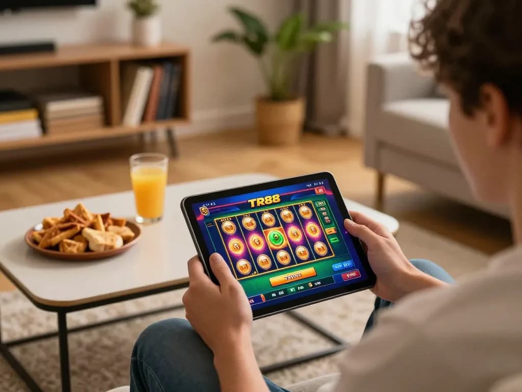 Player enjoying TR88 online slots on tablet in cozy home setting with snacks and drinks