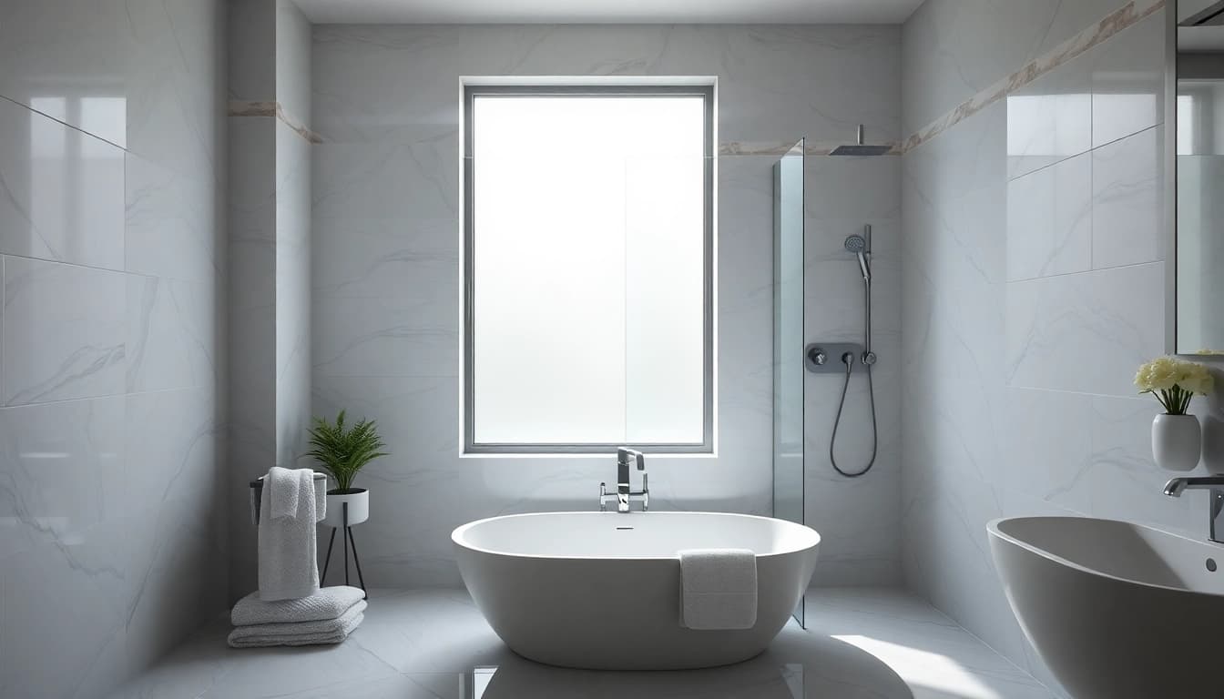 Duschkabine 80x80 im modernen Badezimmer, umgeben von eleganten Fliesen und Accessoires.