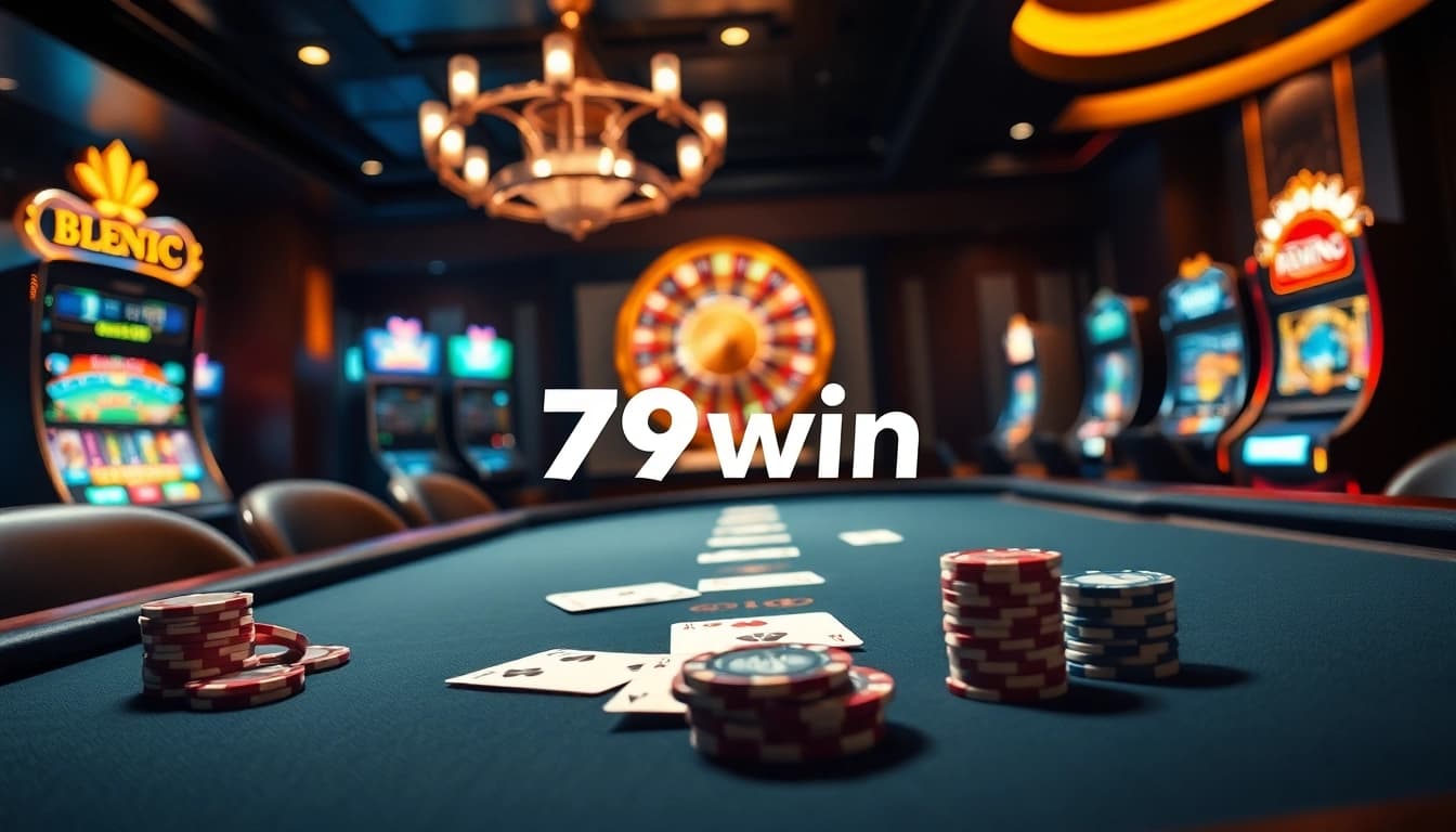 A vibrant casino scene featuring a poker table and roulette wheel, evoking excitement with the brand 79win.