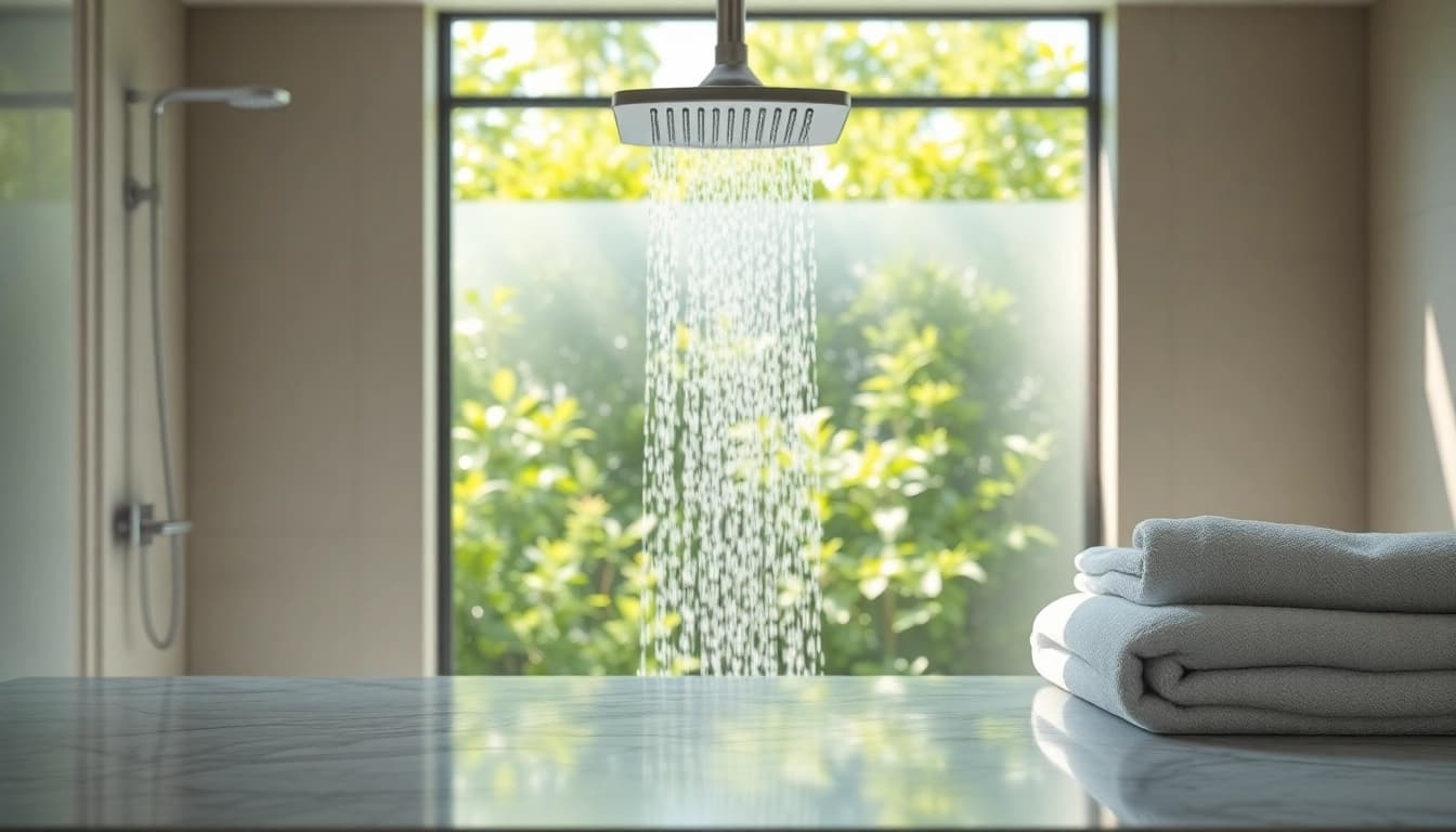 Experience the luxury of elegant showers with a stunning rain showerhead and serene surroundings.