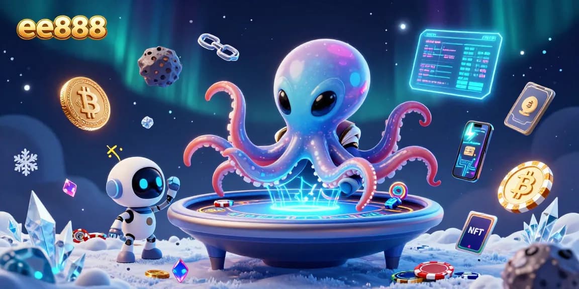 Experience ee888 thrilling poker action with a cosmic octopus dealer and neon crypto coins