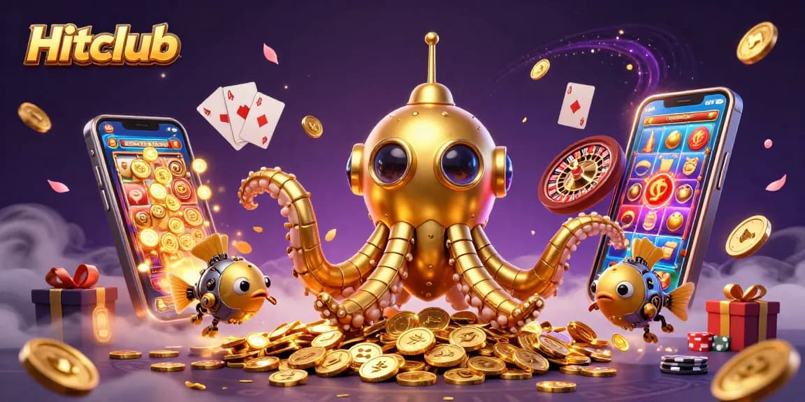 Hitclub showcases a golden kraken submarine amidst coins, encapsulating the thrill of online gaming.