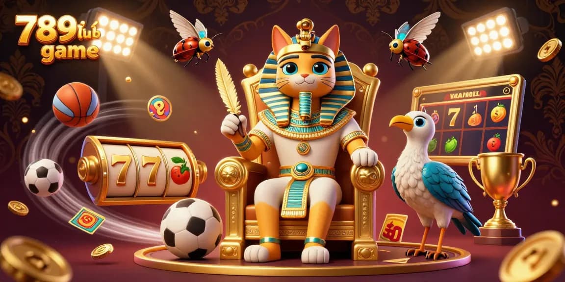 Engage with 789club game through vibrant casino elements featuring a pharaoh cat and dynamic sports balls.