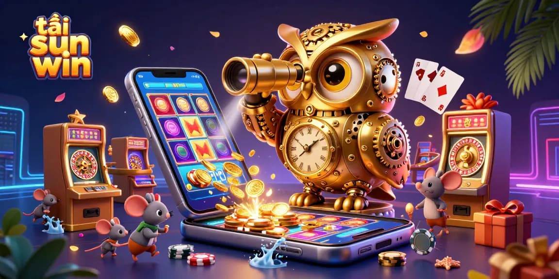 Play slots and win with tải sun win amidst a vibrant casino atmosphere featuring a golden owl and colorful game elements.