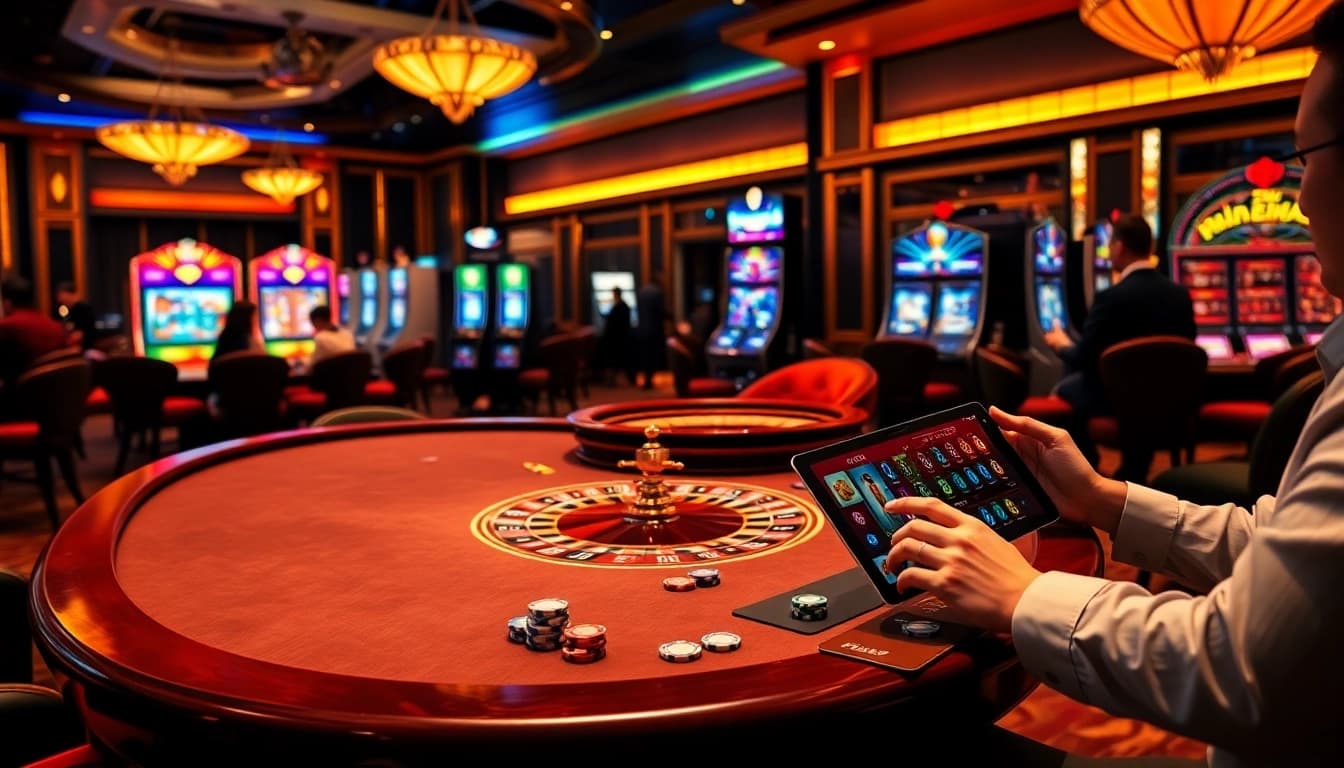 Gamblers enjoying the thrill of the game at trang chủ thabet with vibrant casino equipment.