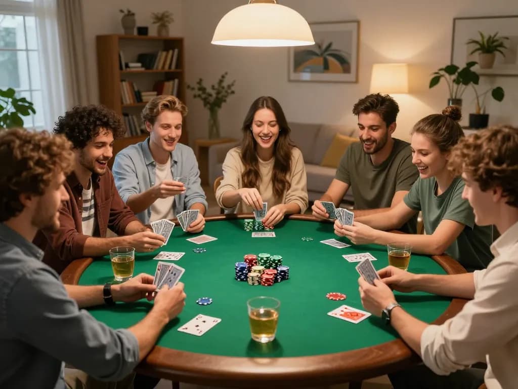 Bet168 home poker night with friends playing cards around a table, showcasing excitement and strategic interaction.