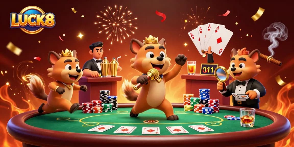LUCK8 attracts players with a vibrant comedy casino scene featuring hyenas, poker chips, and fun.