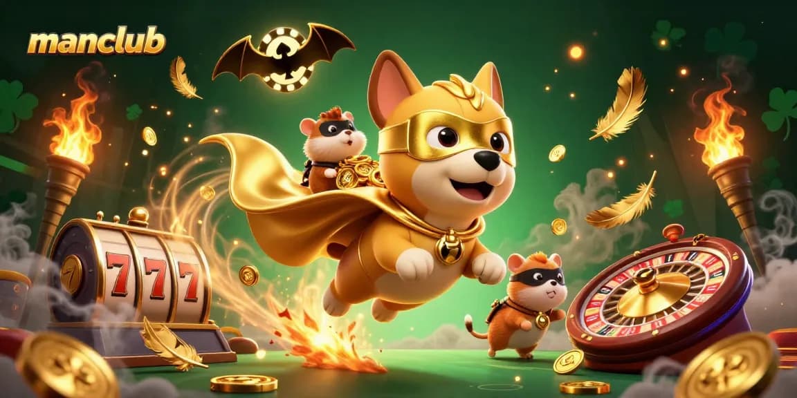 Experience thrilling moments at manclub with a superhero dog and hamster, surrounded by dynamic casino elements.