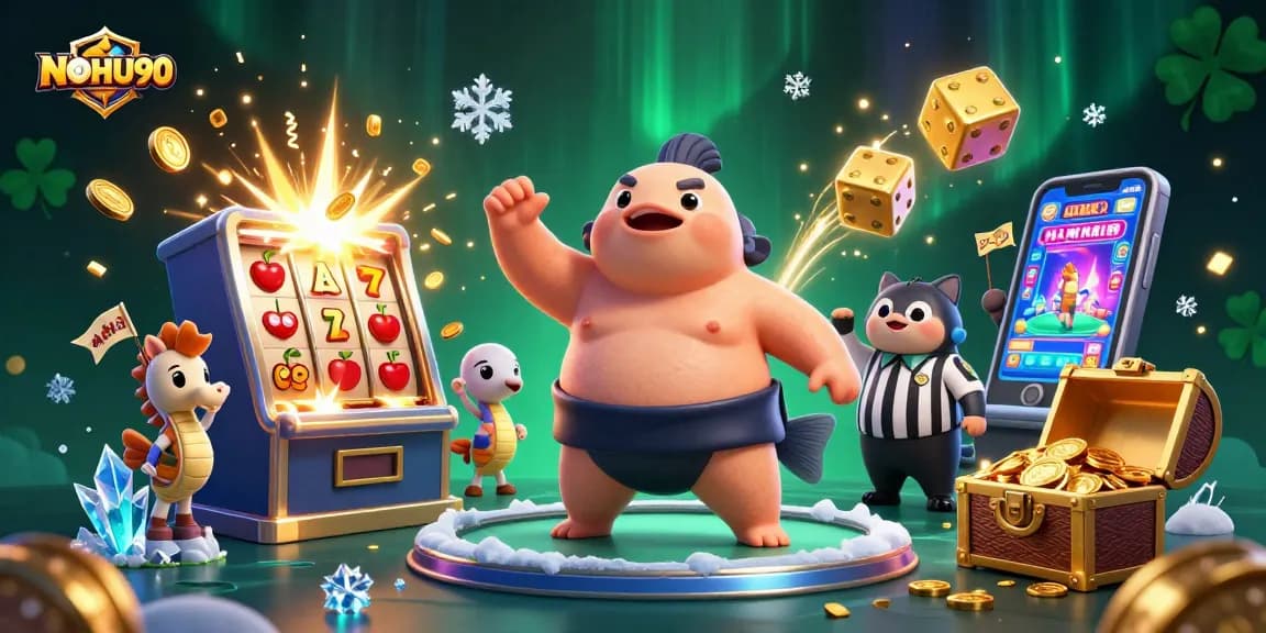 Experience thrilling wins at NOHU90 with a cartoon fugu sumo wrestling in a vibrant casino underwater scene.