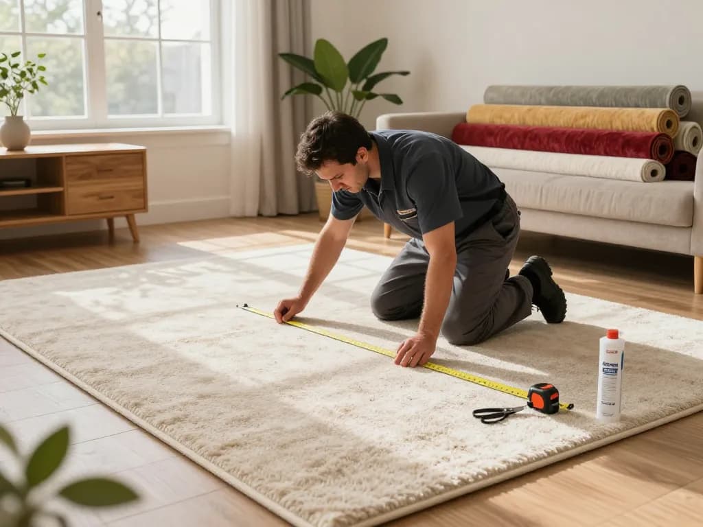 Professional carpet fitters near me installing a colorful carpet in a cozy living room.