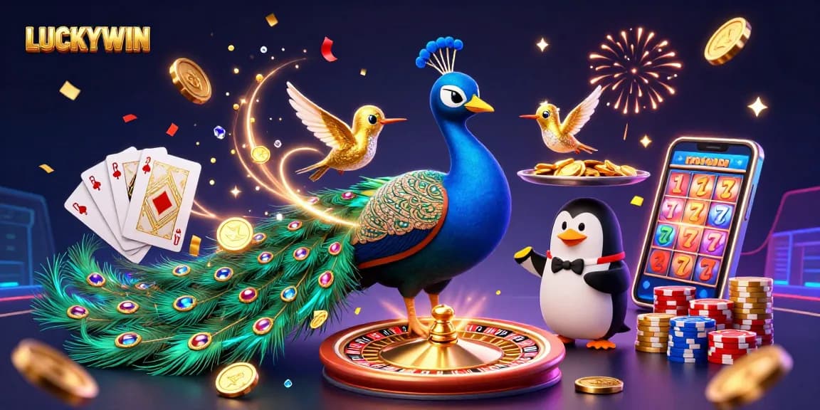 LUCKYWIN image showcasing a dynamic casino scene with colorful characters and gambling elements.