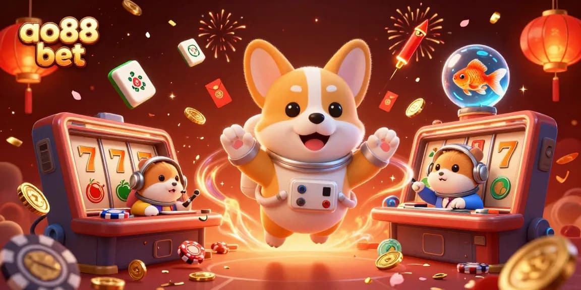 Engage with the vibrant experience of ao88 bet in a dynamic cosmic casino scene with floating slots and characters.