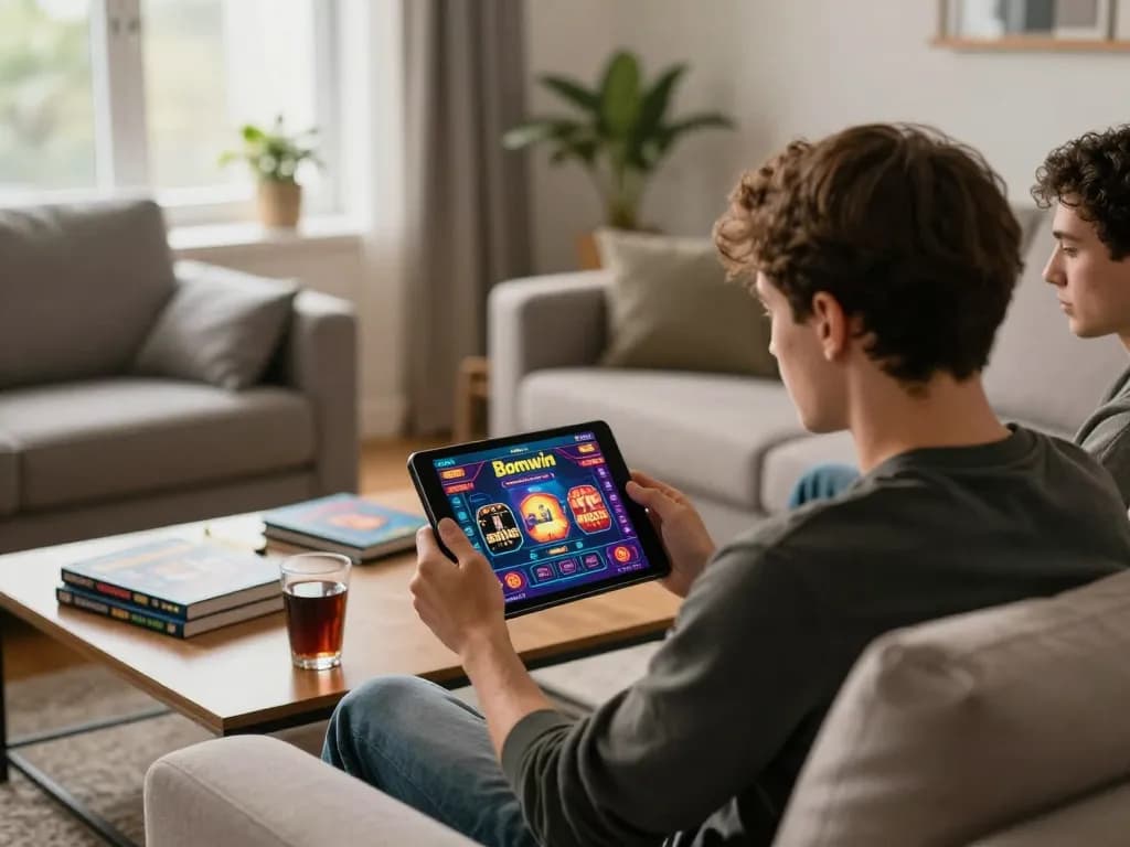Player engaging with Bomwin gaming app in a cozy home setting, showcasing a comfortable atmosphere.
