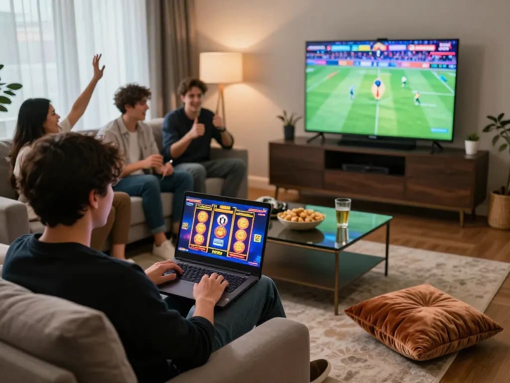 Engaging gambling scene with person playing rikbet slots in cozy setting