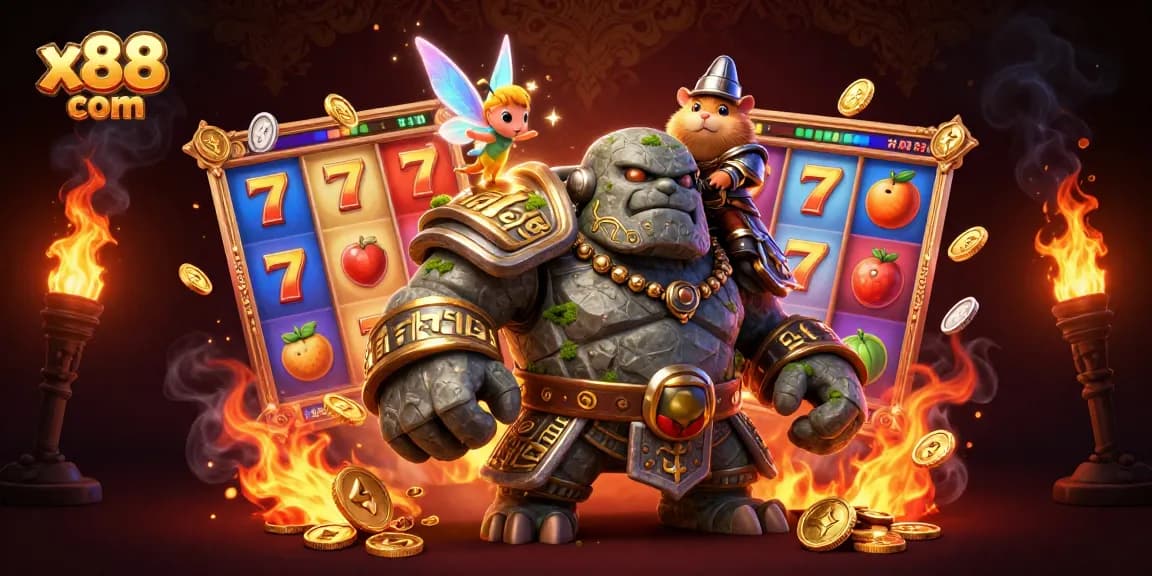 Experience the excitement of x88 com with a vibrant 3D illustration of a gaming scene featuring a golem and charming characters.